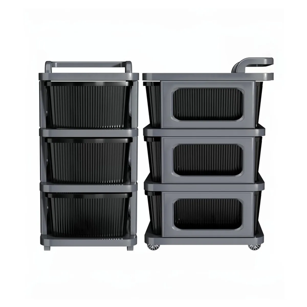 Front and side views of the black and grey organiser rack