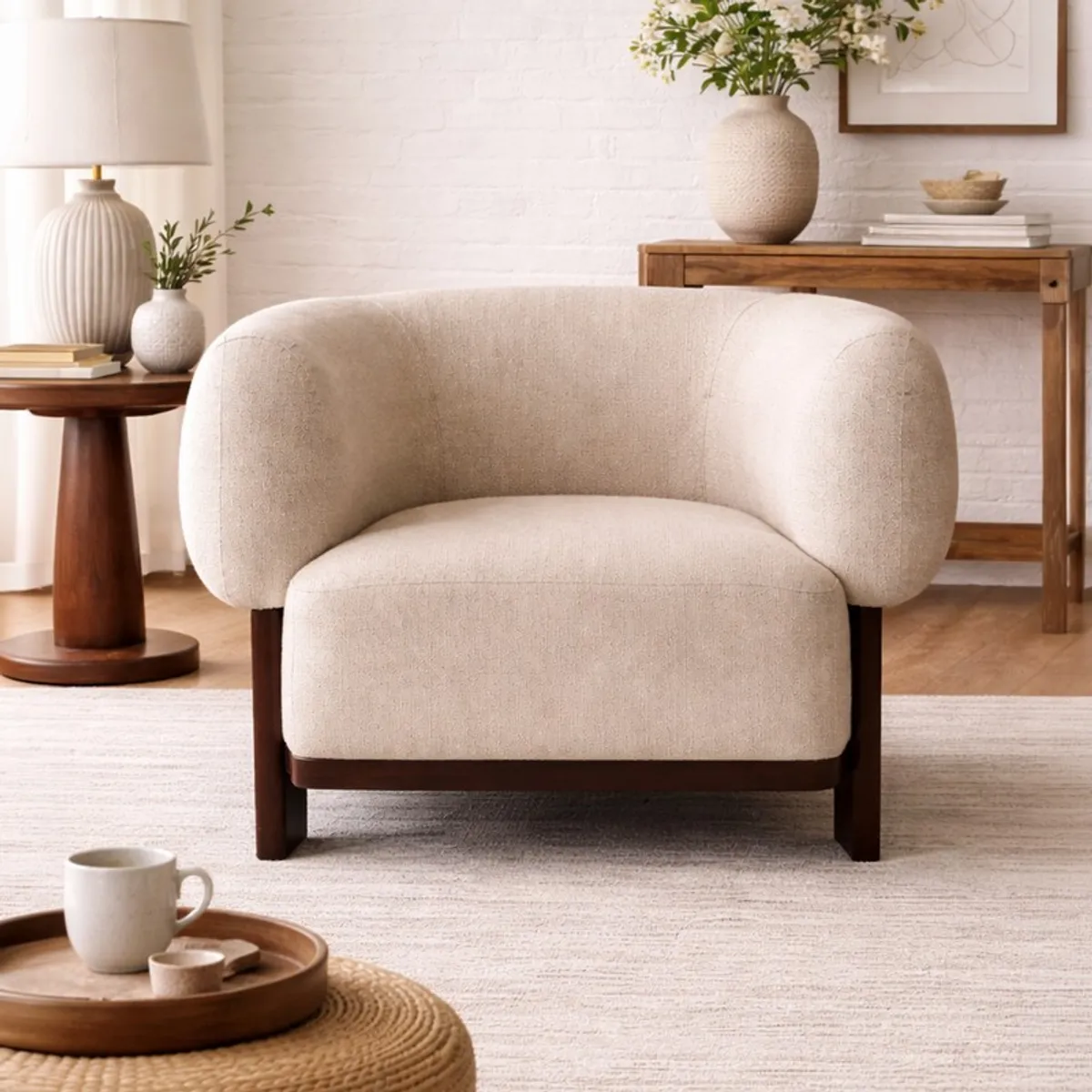 Front view of a beige upholstered accent chair with curved back and dark wood legs