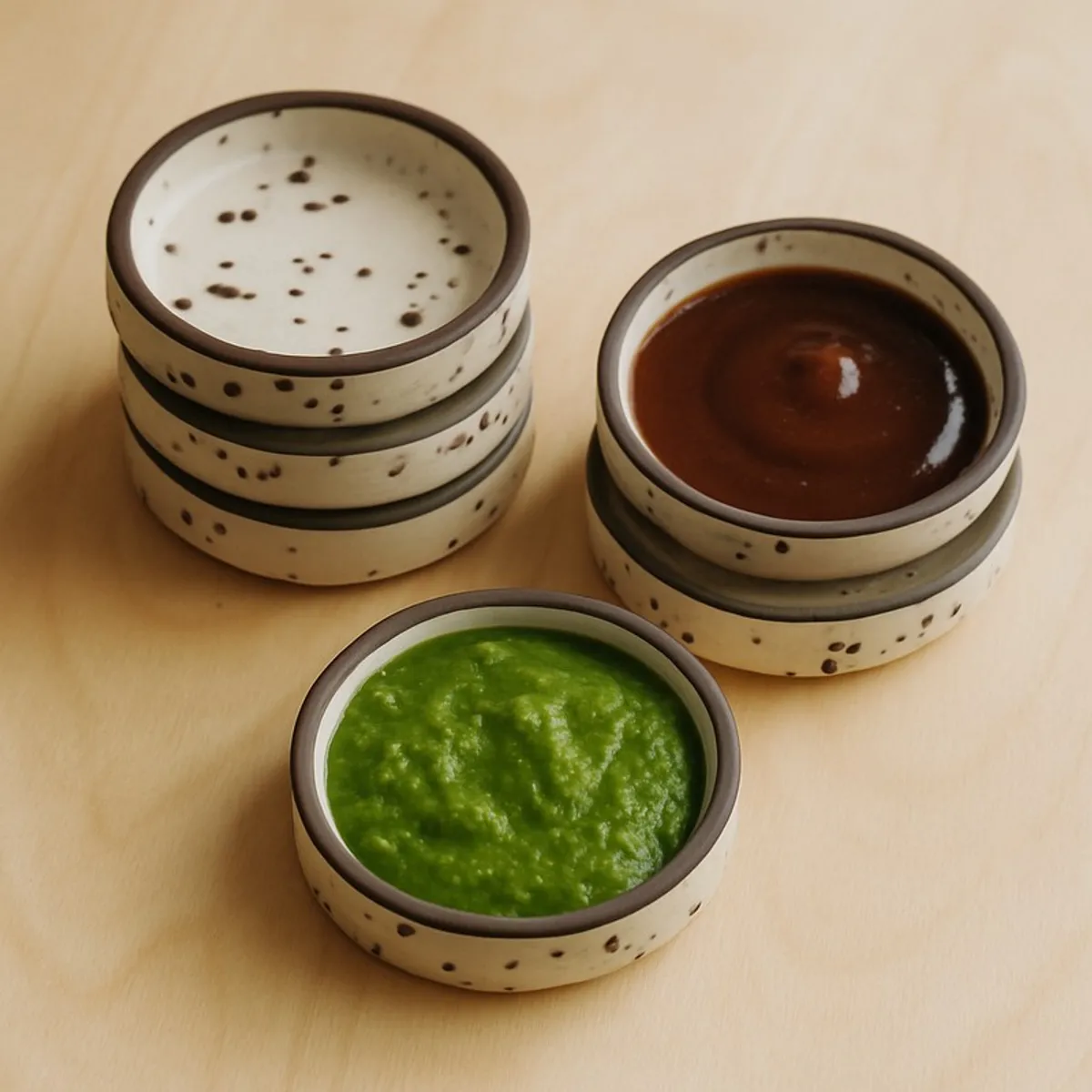 Speckled ceramic dip bowls filled with green and brown sauces