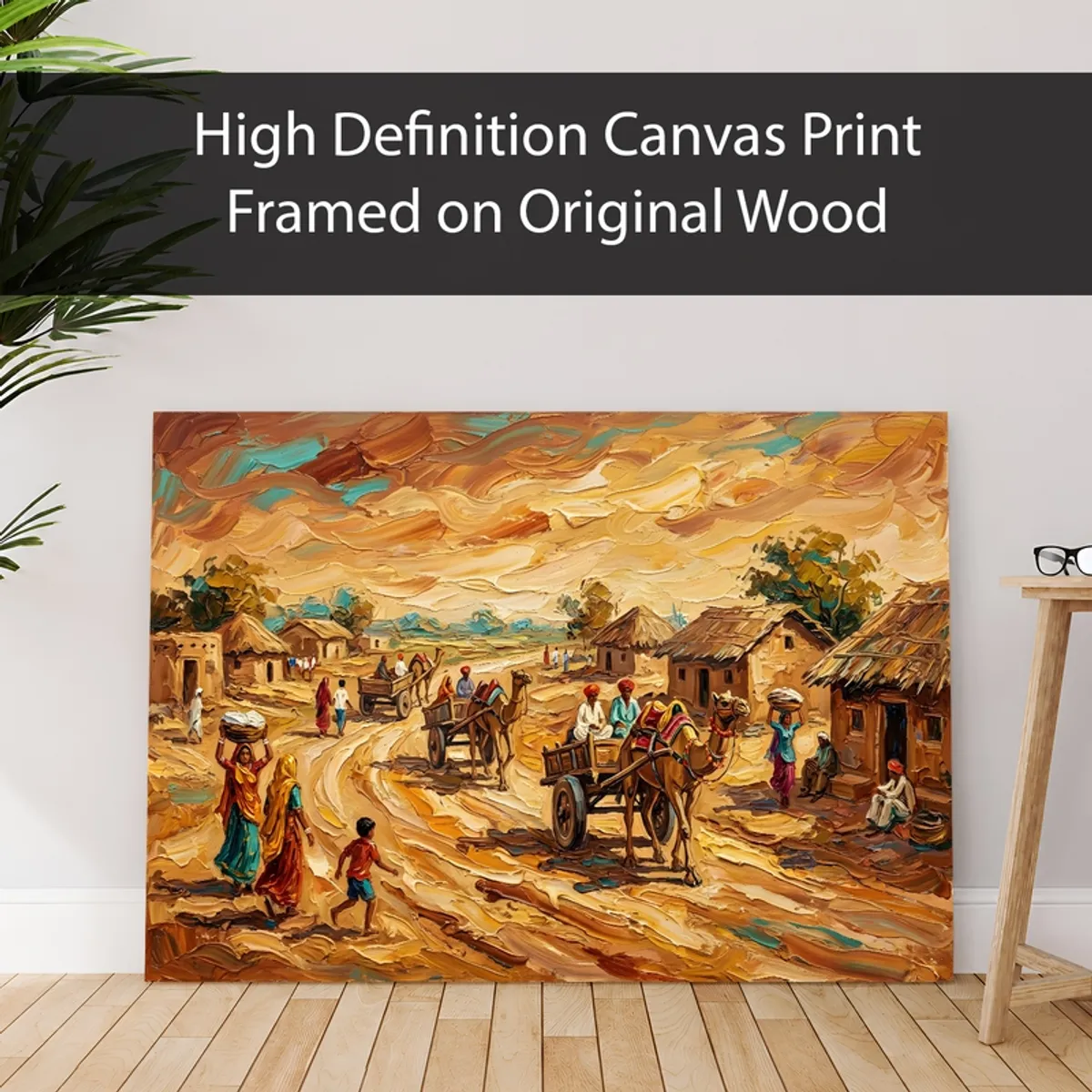 Village life canvas print leaning against a wall in a styled room