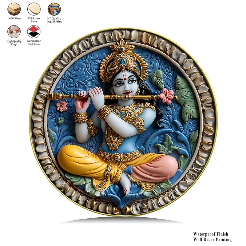 Front view of round Krishna wall art with blue floral background