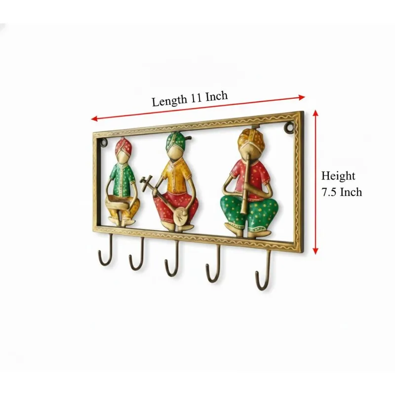 Metal wall key holder with colourful musician figures and five hooks