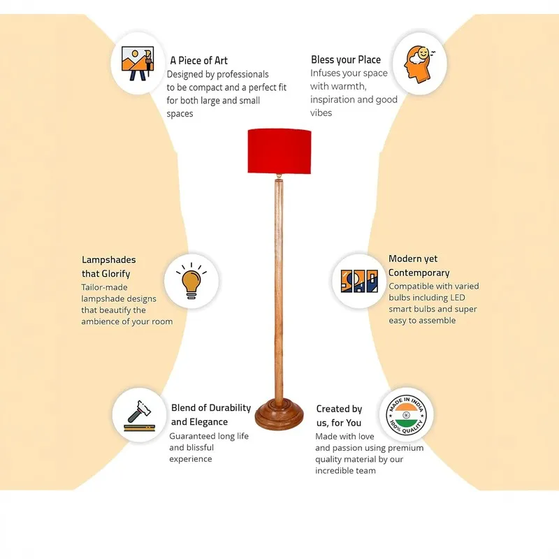Promotional graphic showing a wooden floor lamp with red shade and feature icons