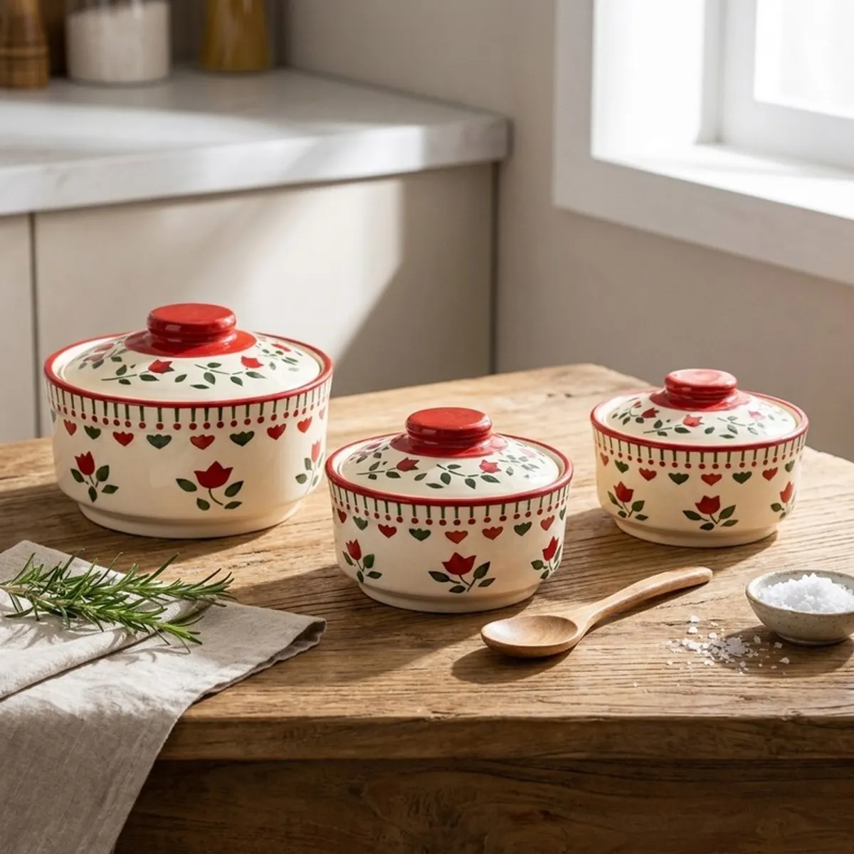 Three red and cream floral ceramic bowls displayed on a wooden kitchen table