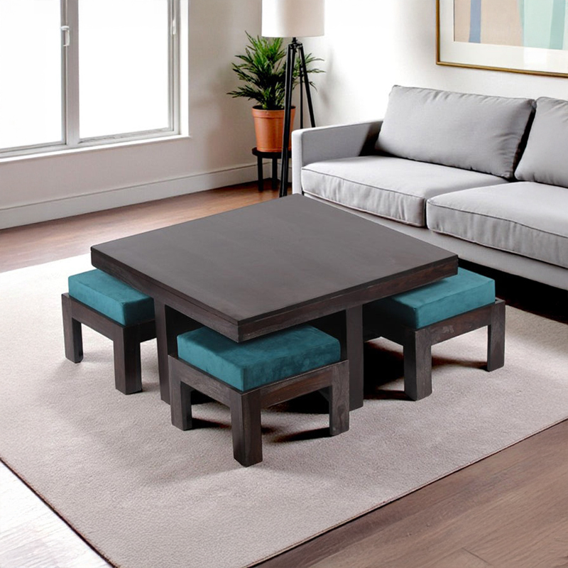 Evrino Sheesham Wooden Center Table with Stools and Cushions (Deep Brown,Blue) - Nine Piece Set