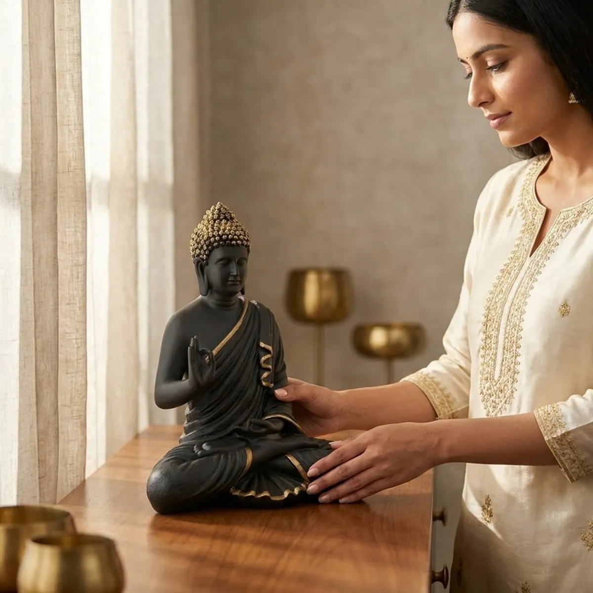 Black and gold Buddha idol shown on a table beside a woman