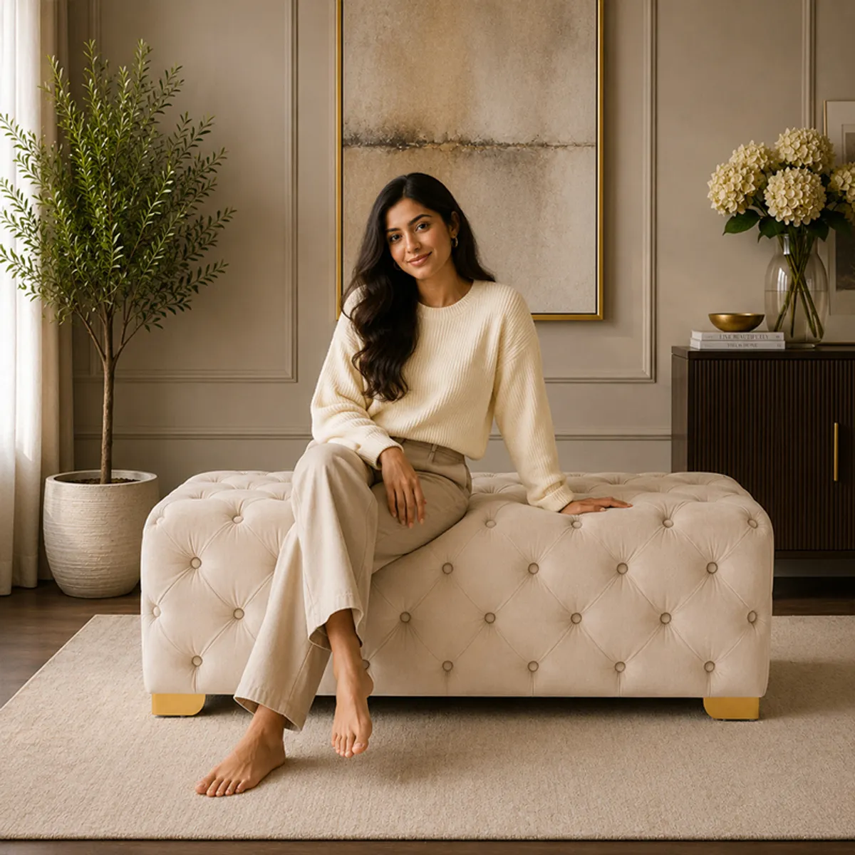 Person seated on a beige velvet tufted bench with gold-finished legs.
