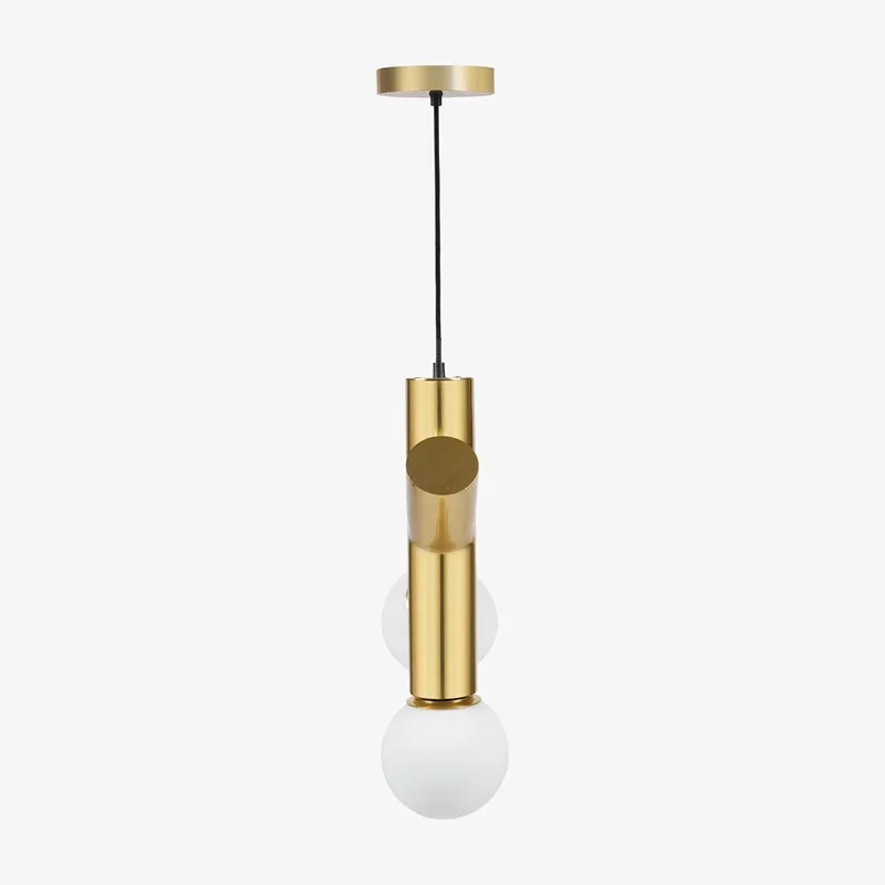 Side view of gold ceiling lamp with white globe shades