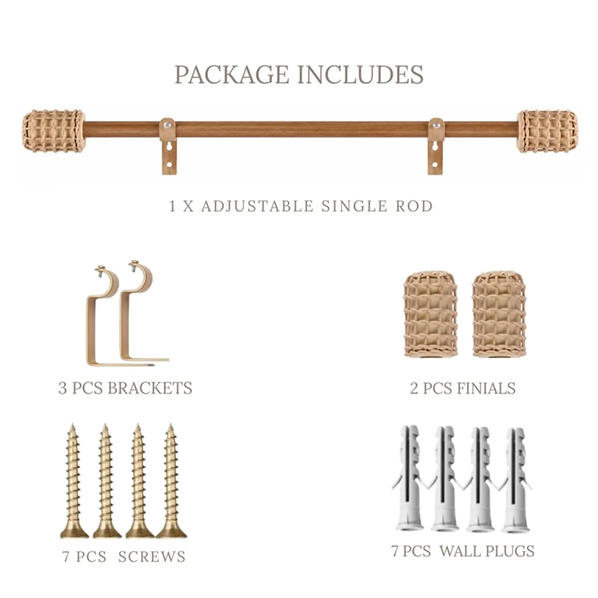 Curtain rod set with brackets, woven finials, screws and wall plugs