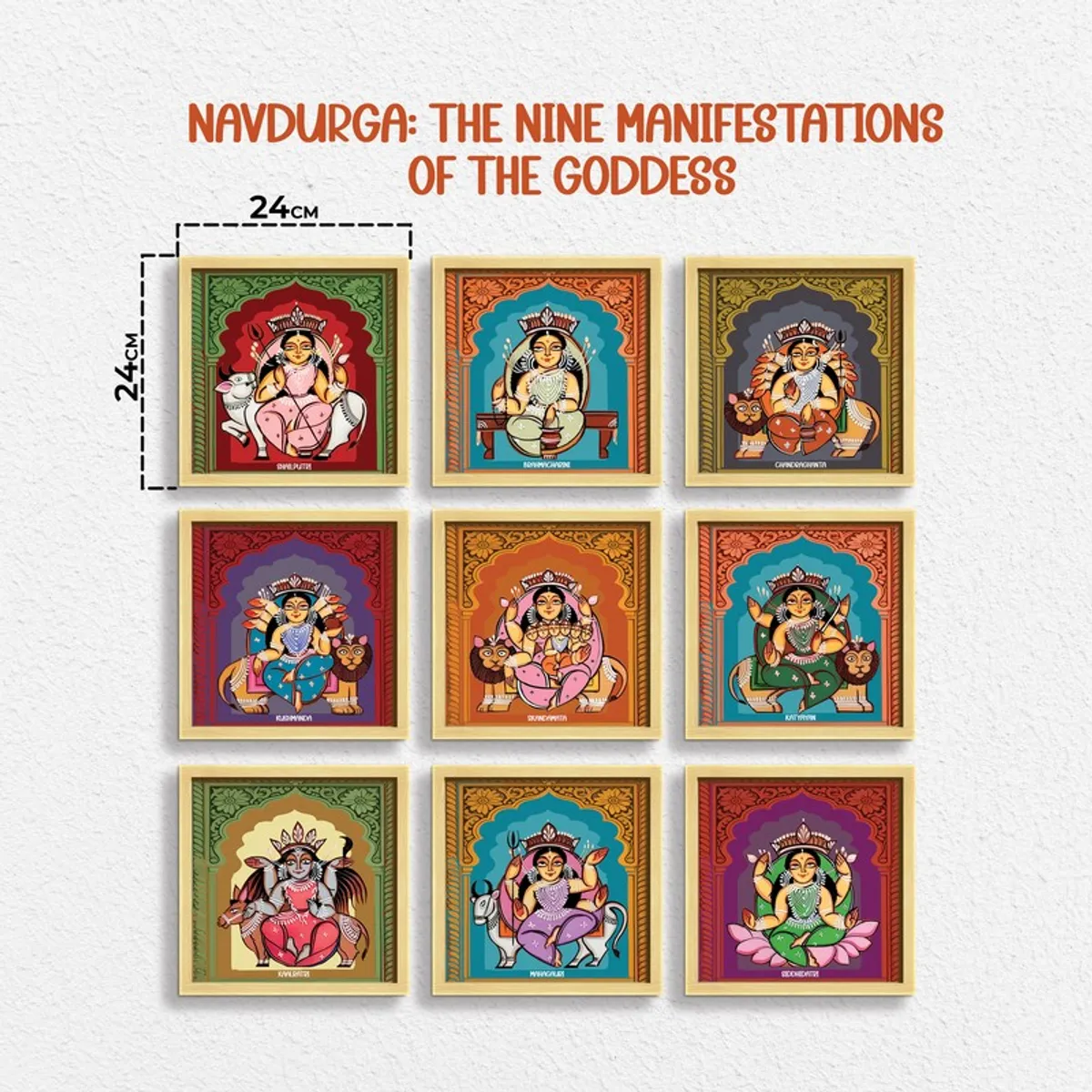 Nine framed Durga illustrations arranged in a three-by-three grid with dimension markings