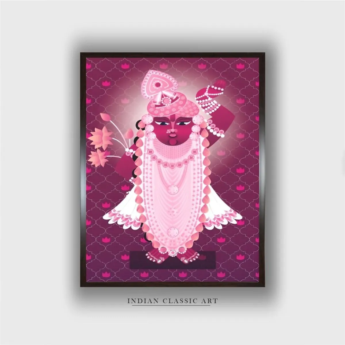 Front view of a framed pink folk goddess canvas wall painting
