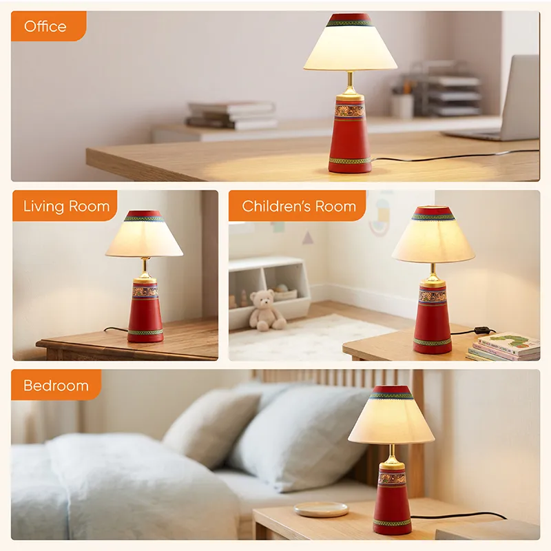 Collage of the red terracotta table lamp styled in office living room kids room and bedroom