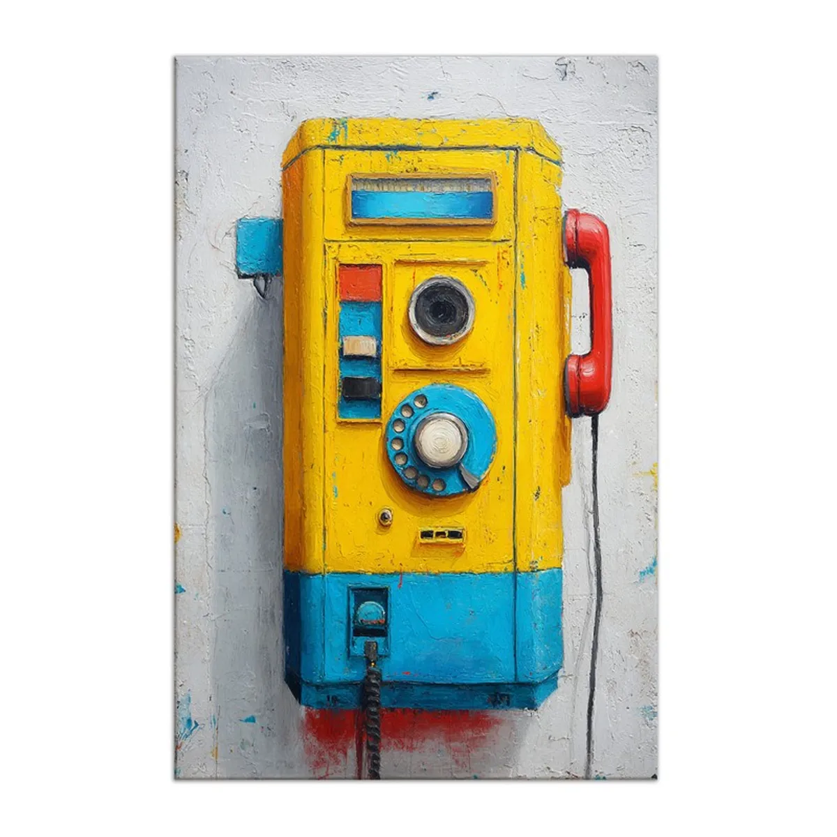 Front view of retro phone canvas wall painting with yellow, blue and red details