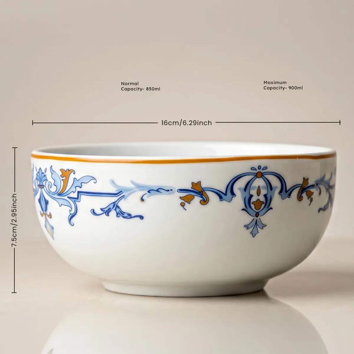 Close view of white serving bowl with blue decorative border