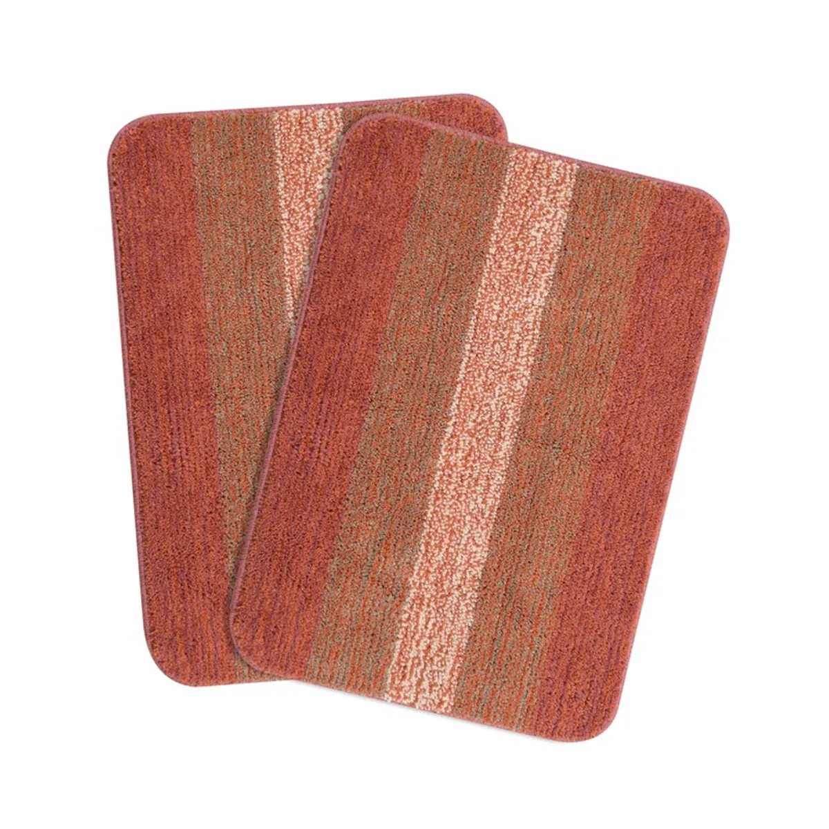 Two rust striped bath mats shown overlapping against a white background