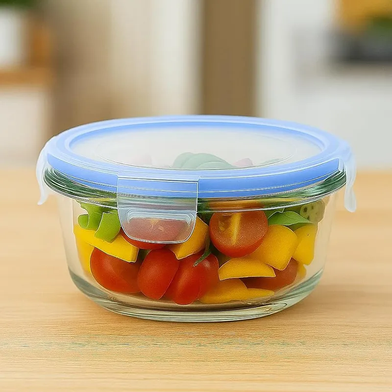 Single round glass container with blue lid on a wooden surface