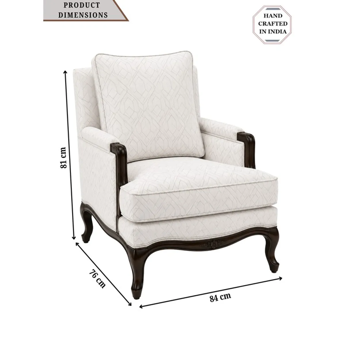 White lounge chair with dark wood frame shown with dimension markings