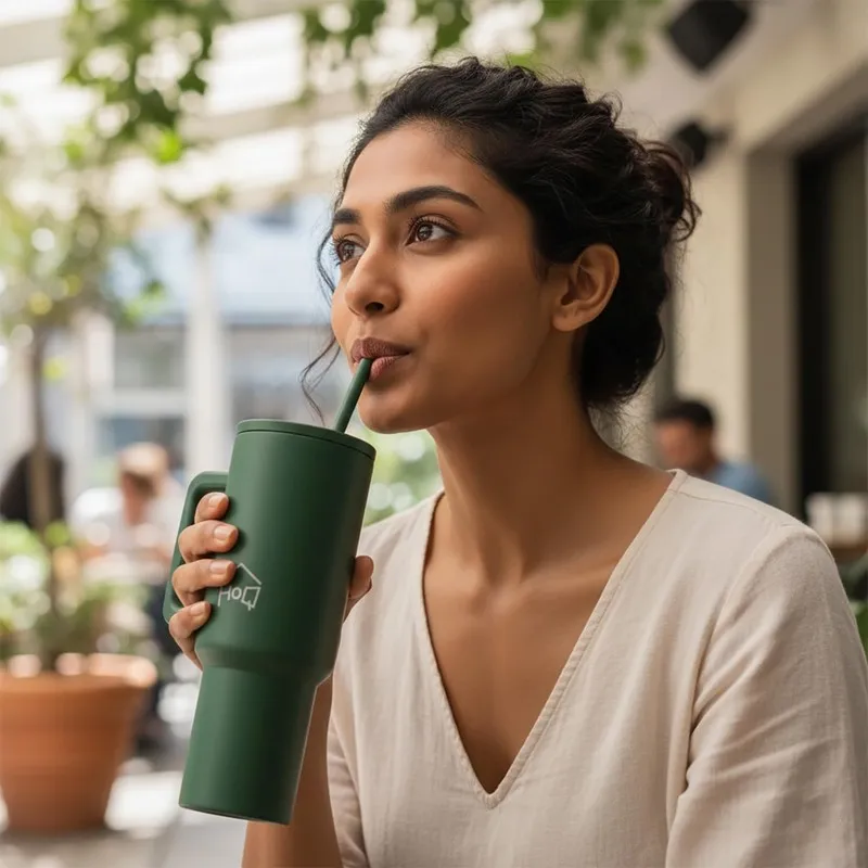 Person sipping from a dark green handled tumbler with straw