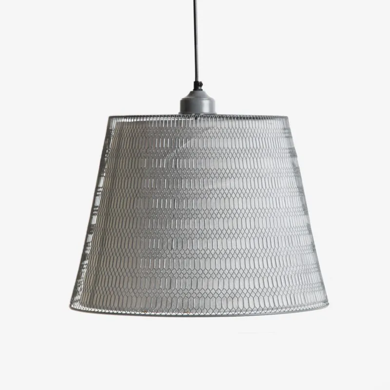 Front view of grey mesh ceiling pendant lamp on a plain background