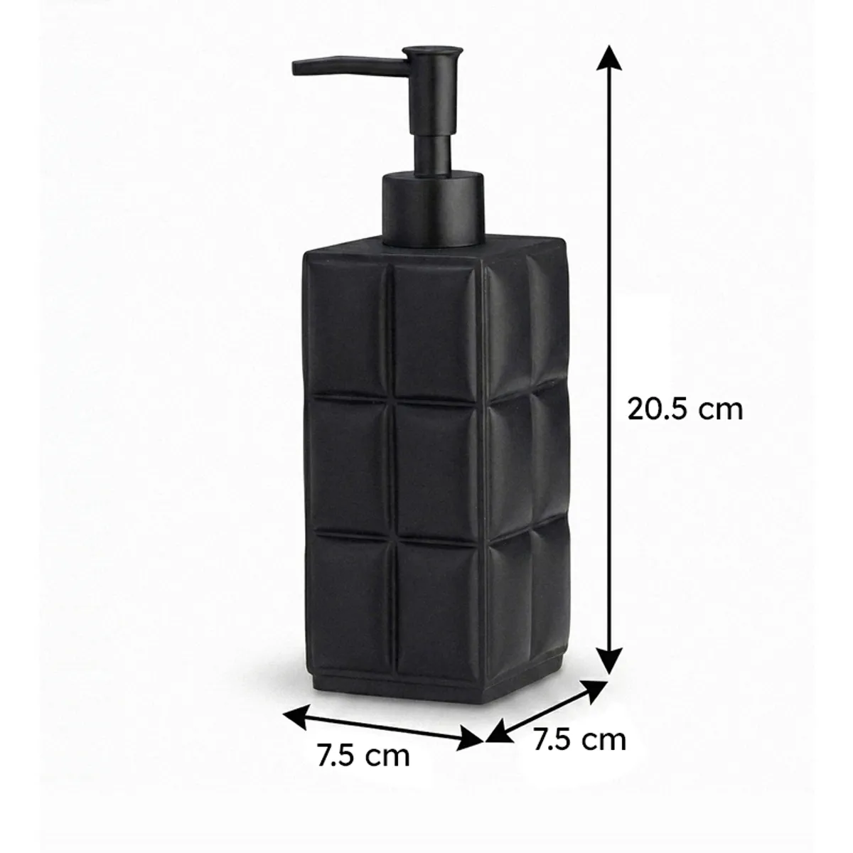 Matte black soap dispenser with visible dimensions on a plain background