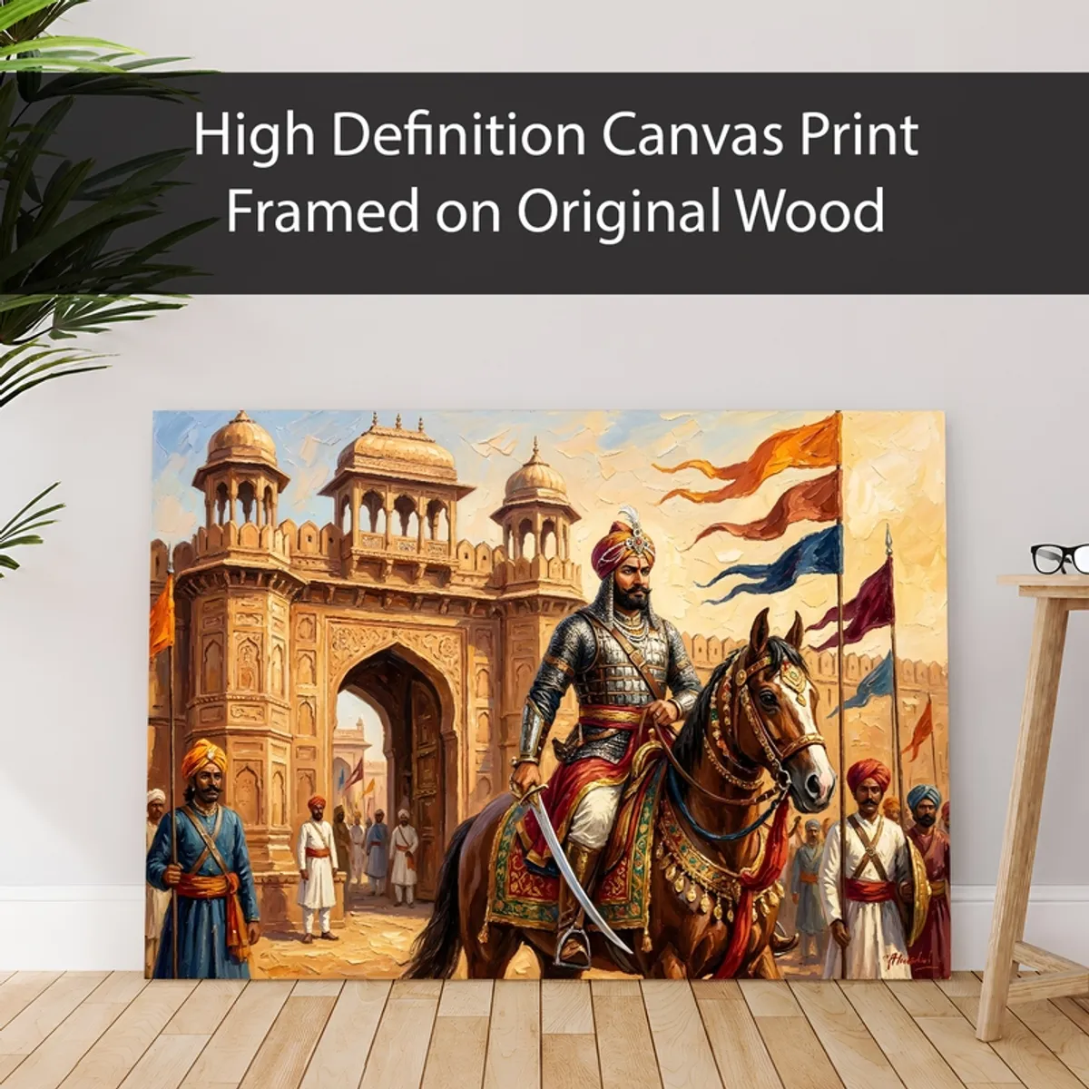 Rajput warrior canvas print leaning against a wall in a styled room