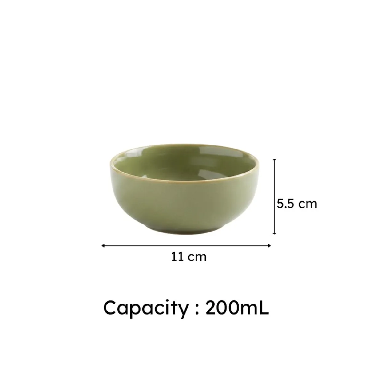 Single green ceramic bowl with dimensions and 200 mL capacity shown