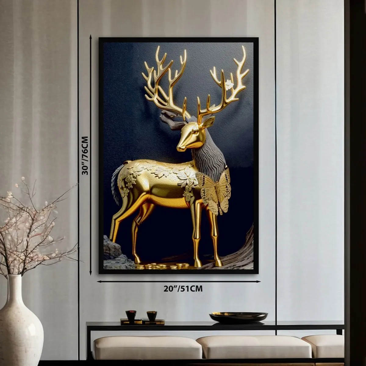 Golden stag wall art in rectangular format shown with size markers