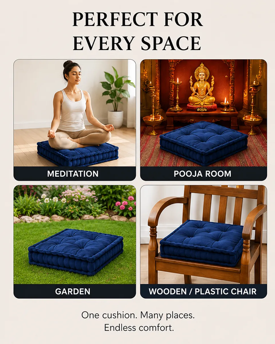 Navy floor cushion shown in meditation, pooja room, garden and chair seating settings.
