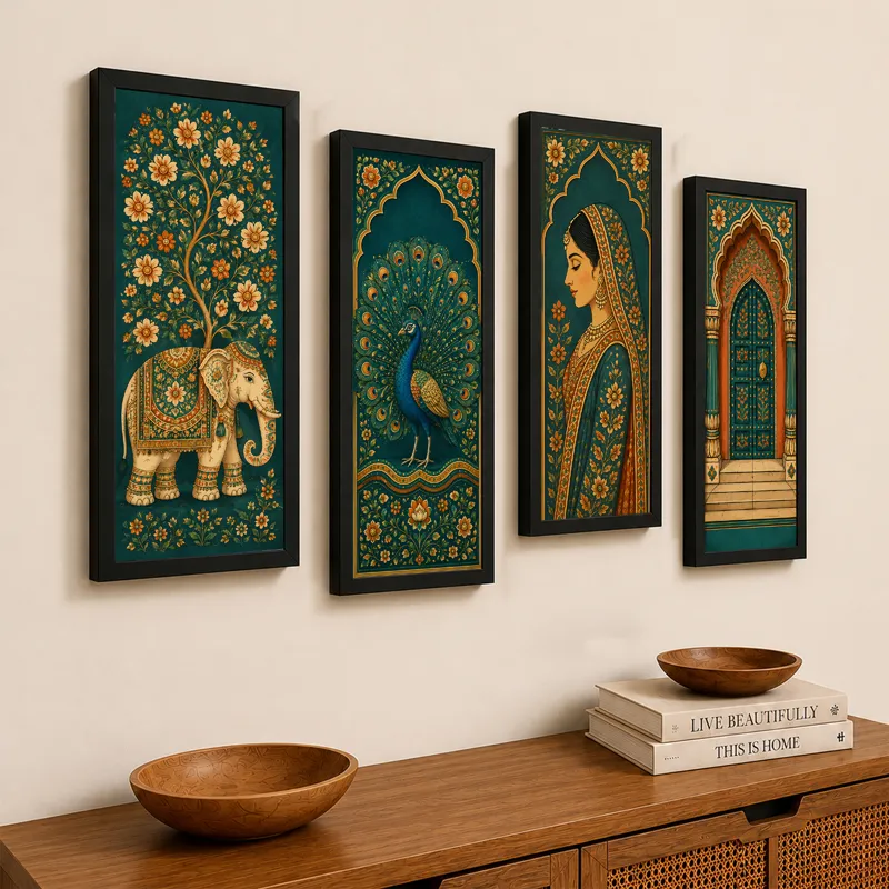 Four framed Indian-inspired paintings styled above a wooden console