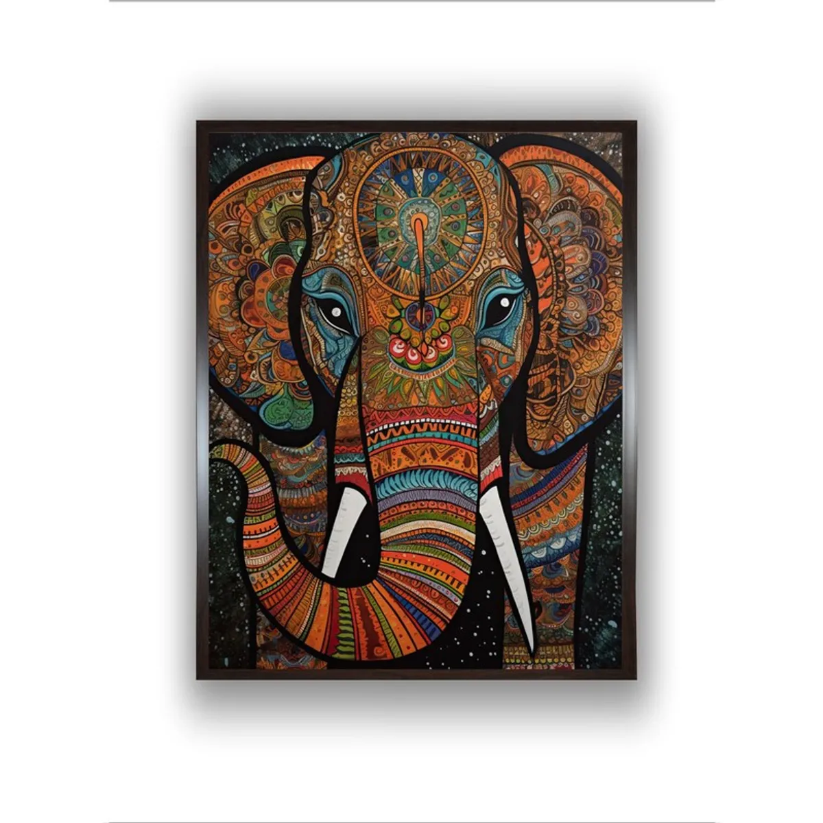 Front view of ornate multicolour elephant wall painting in frame