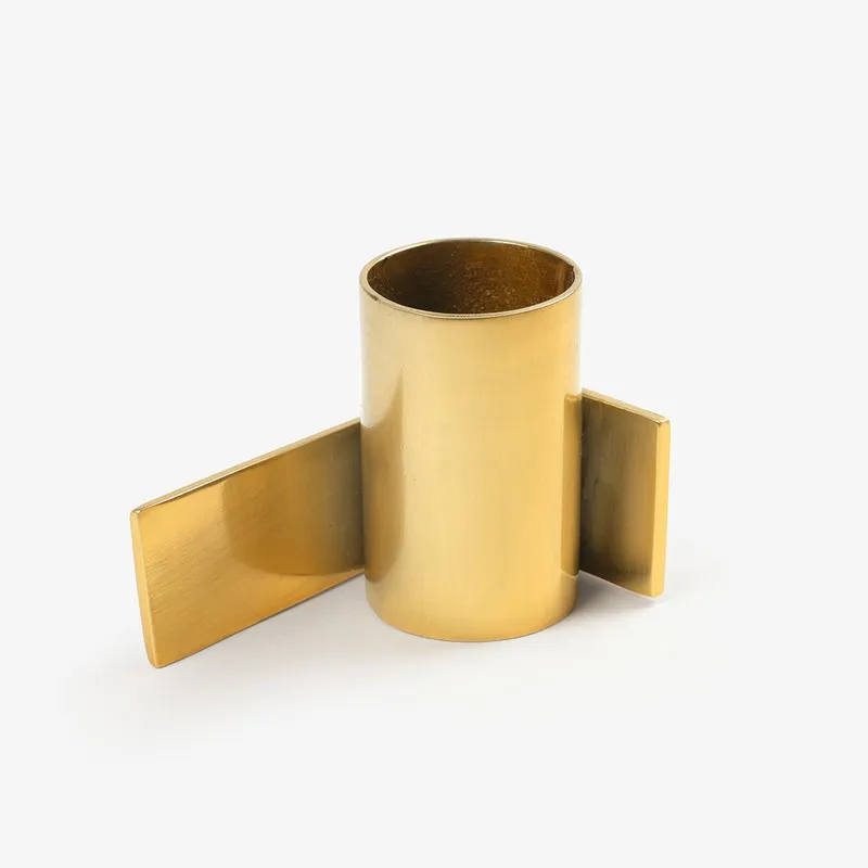 Rear view of gold geometric candle holder with two flat side panels