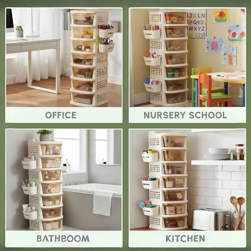 Seven-tier utility rack shown organising items in office, nursery, bathroom and kitchen