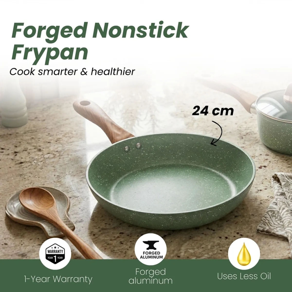 Green non-stick frying pan shown with a 24 cm size callout