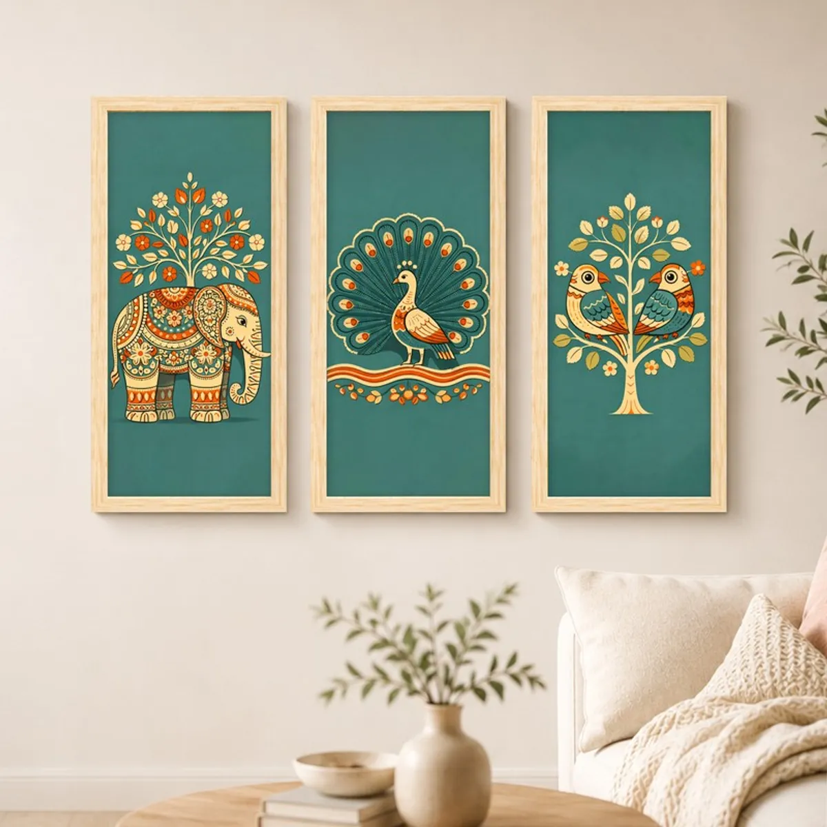 Three rectangular framed Madhubani-style art prints with teal backgrounds and animal motifs