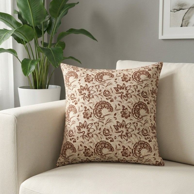 Flora Charm Printed Cotton Cushion Cover - White,Brown