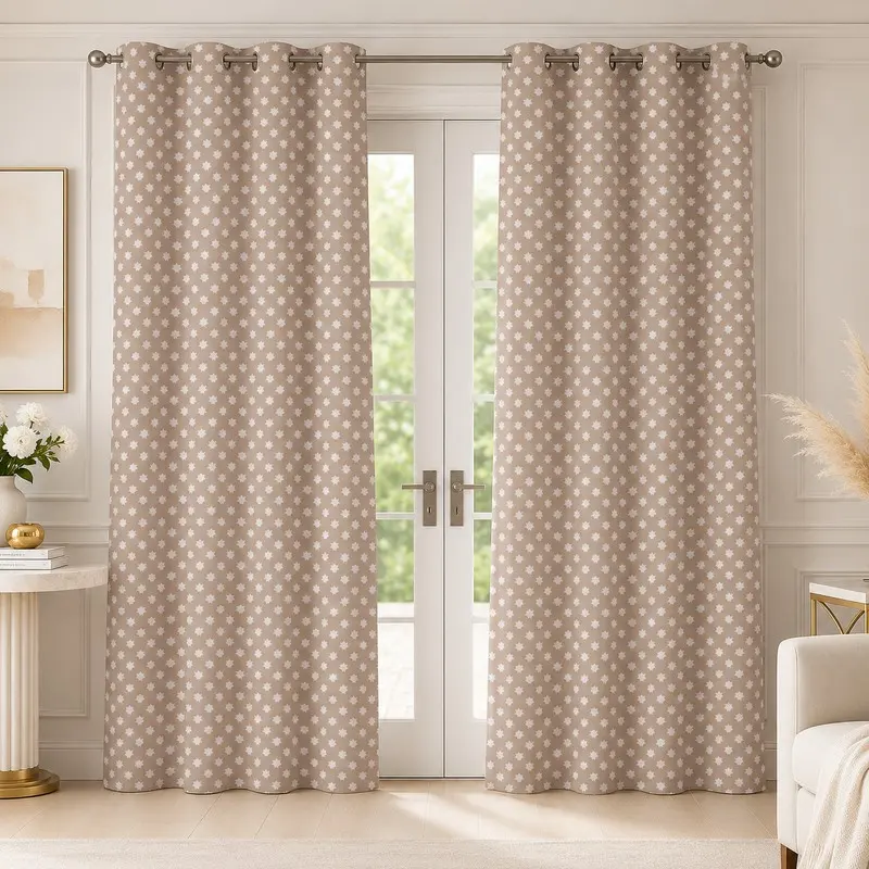 Star World Printed Cotton Curtains (Beige) - Set of Two