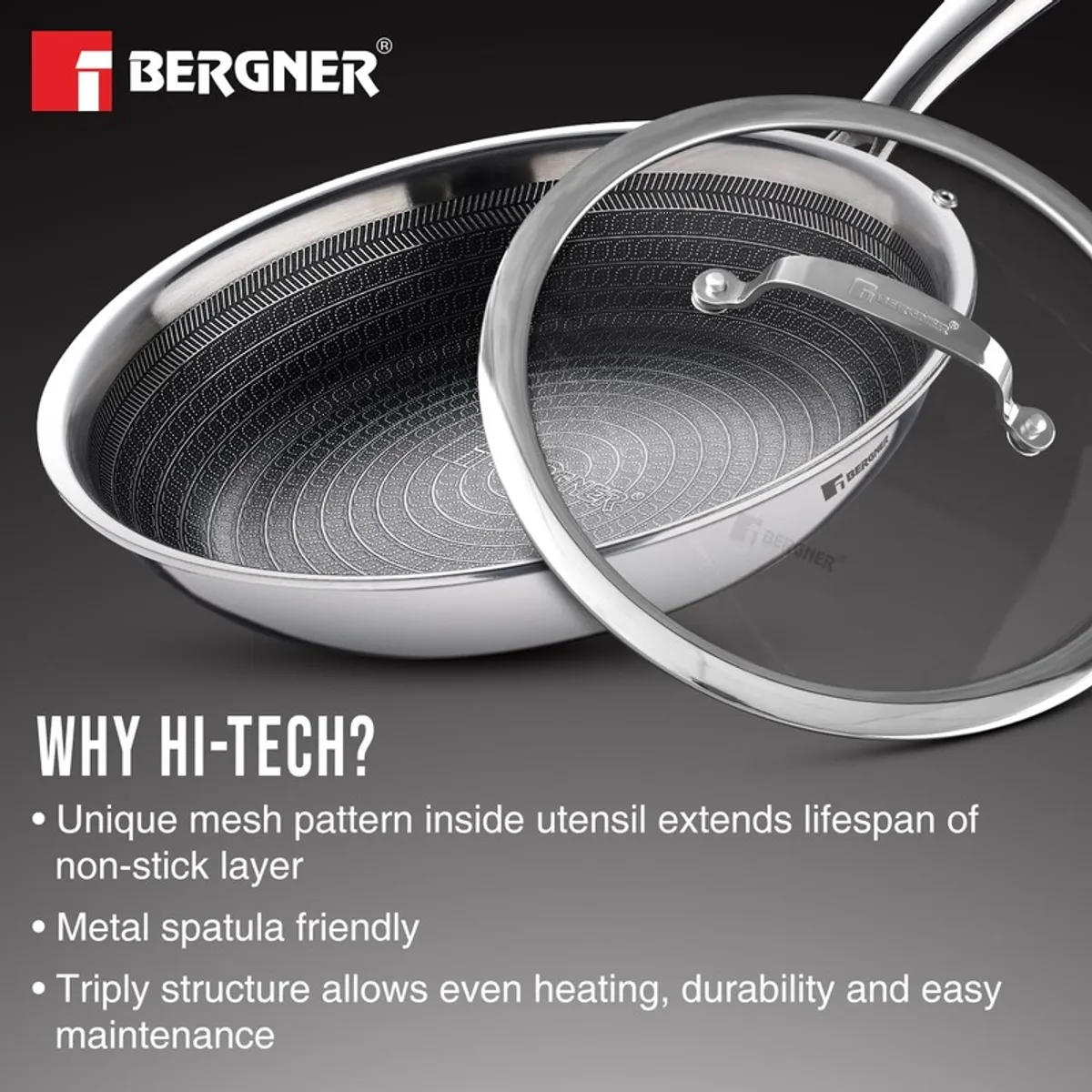 Silver frying pan with glass lid shown from above
