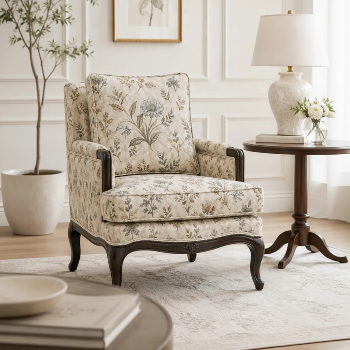Floral lounge chair beside a round side table in a refined living room