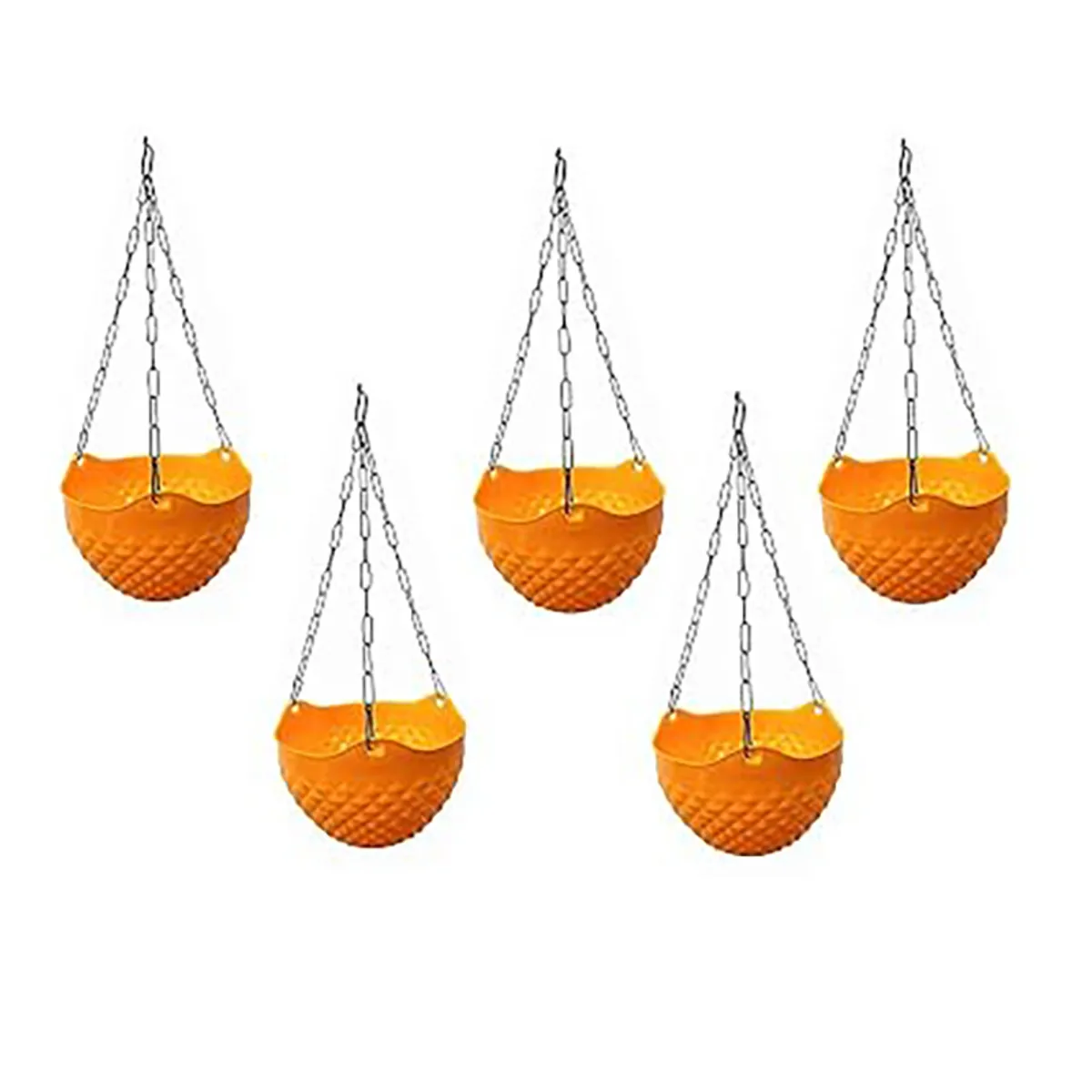 Five orange hanging planters with chains arranged against a white background.