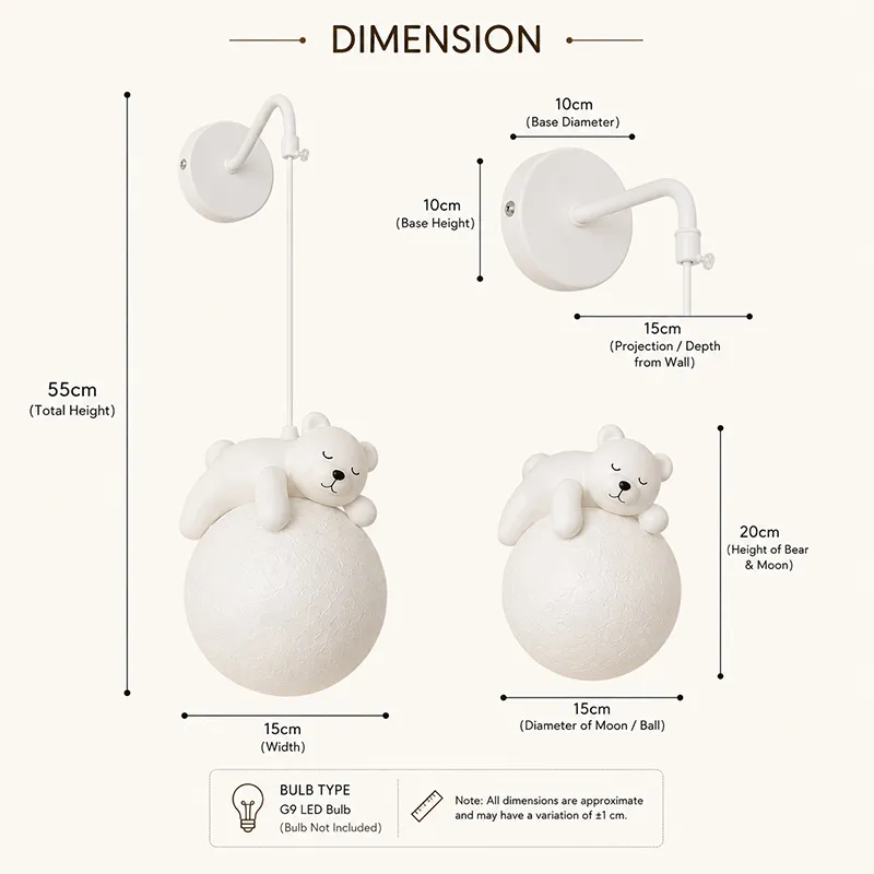Dimension view of the sleepy bear wall lamp with wall mount and globe shape