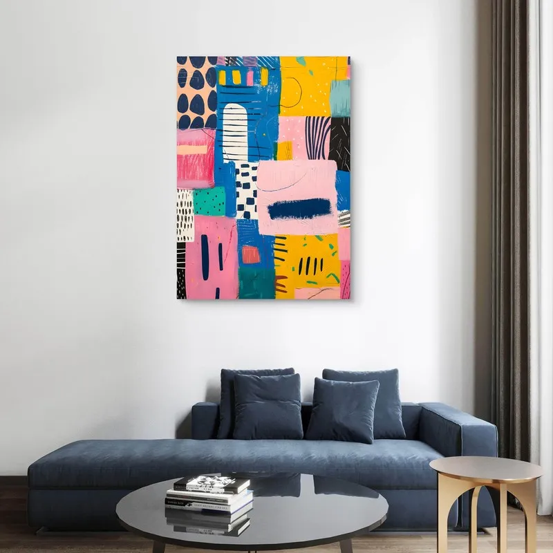 Abstract multicolour canvas wall painting above a blue sofa in a minimalist room