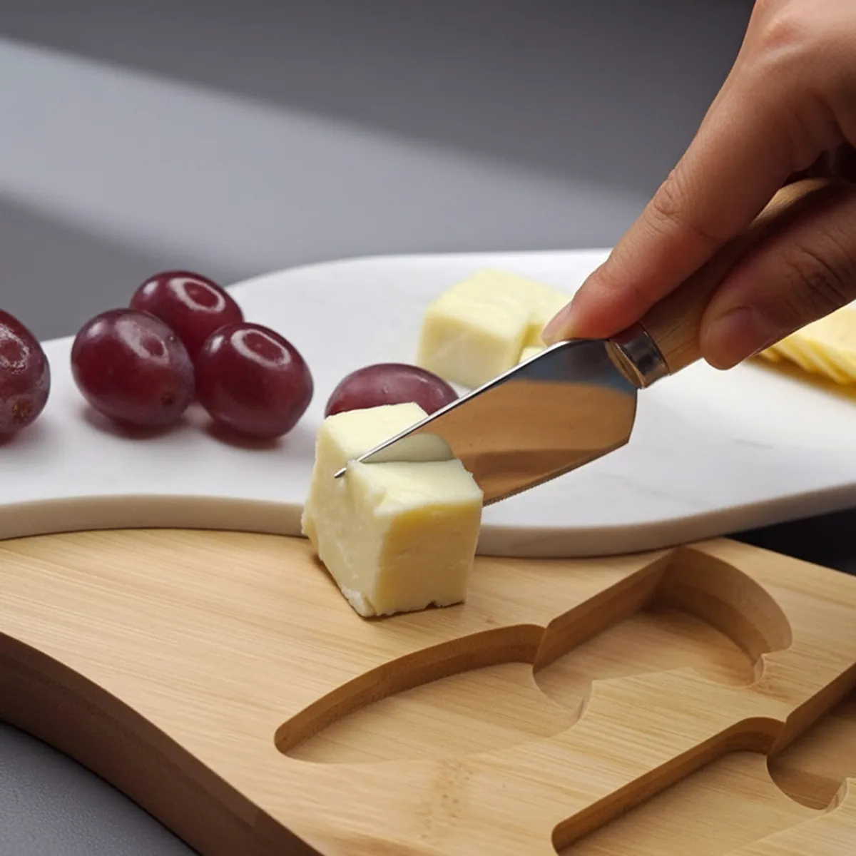 Close-up of a wooden-handled cheese knife cutting cheese on the platter