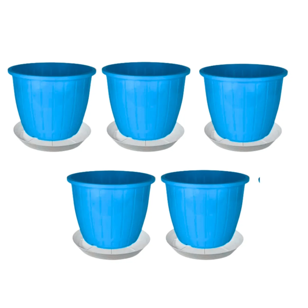 Five blue cylindrical planters with white trays arranged against a white background.