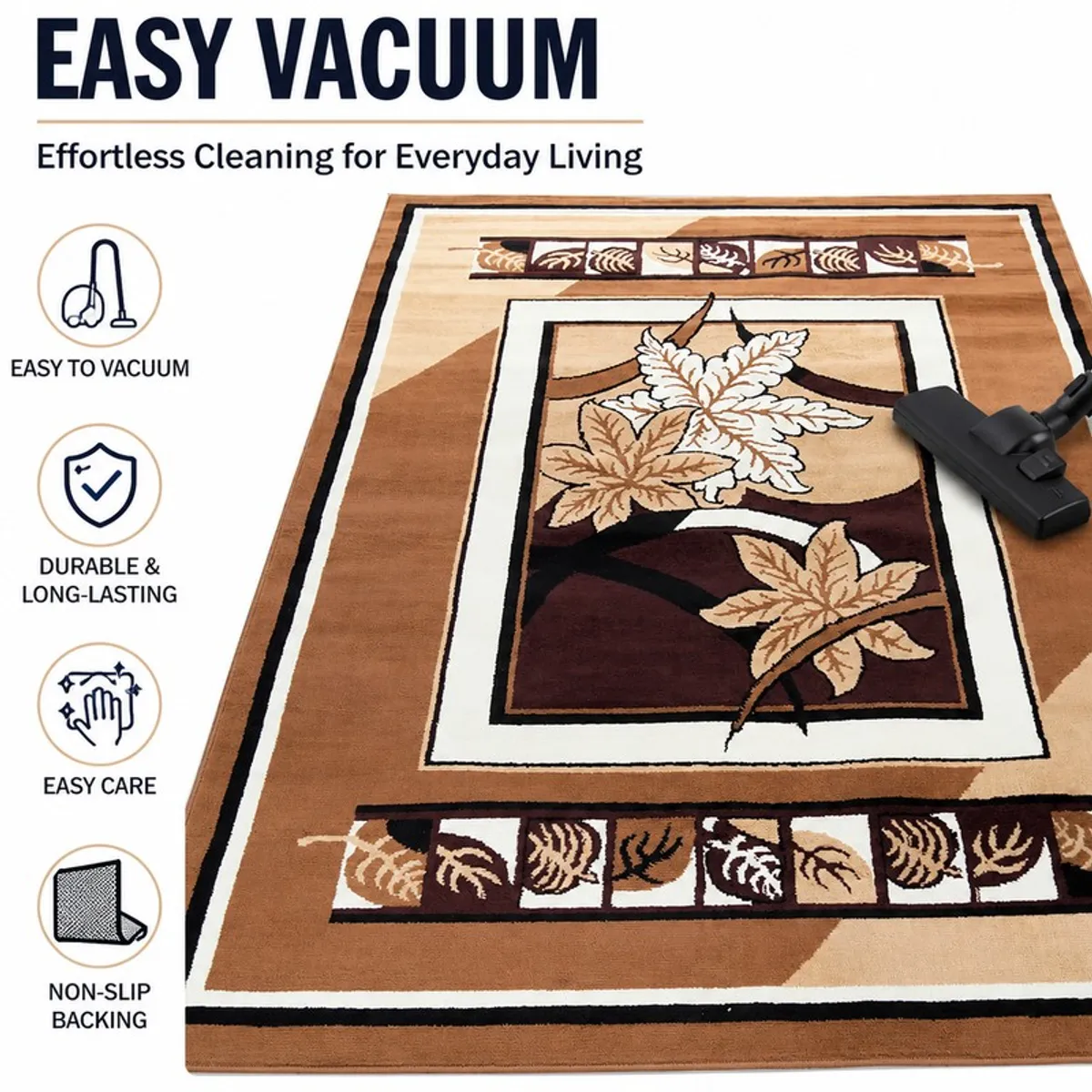 Brown rectangular carpet with abstract motif shown with a vacuum cleaner