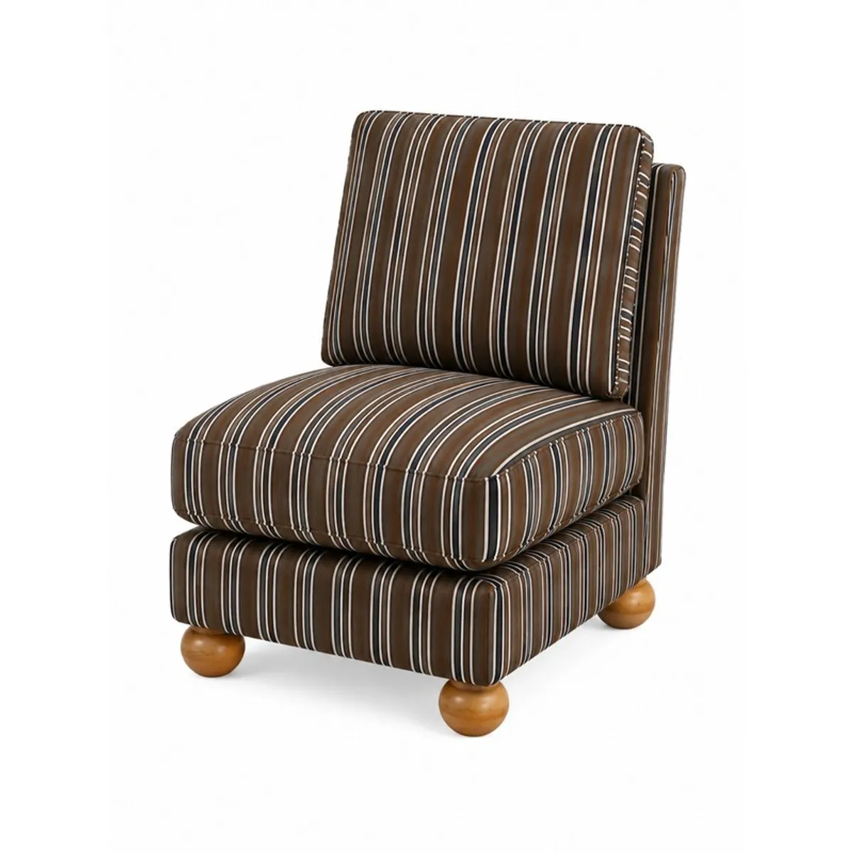 Angled view of a brown striped accent chair with teak wood frame and rounded feet