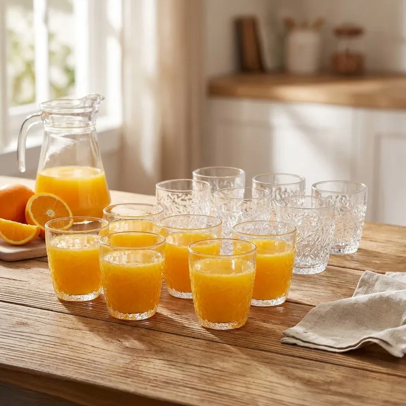 Twelve clear textured drinking glasses on a wooden table with orange juice