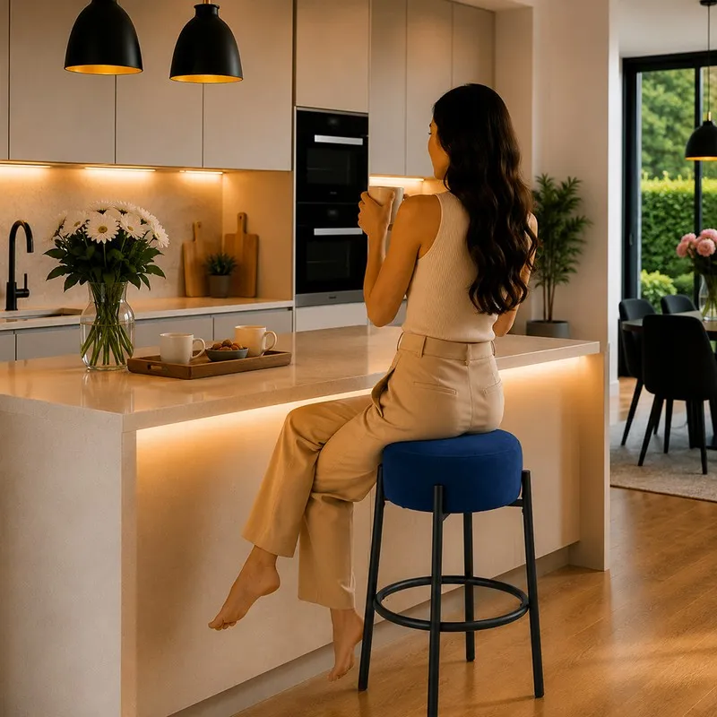 Person seated on a blue bar stool at a kitchen island