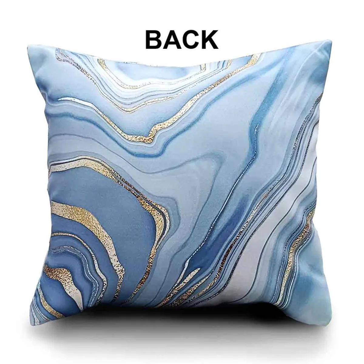 Close view of the blue marbled swirl pattern on a square cushion cover