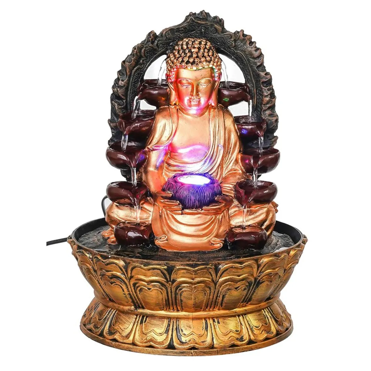 Front product cutout of the gold and black Buddha LED fountain
