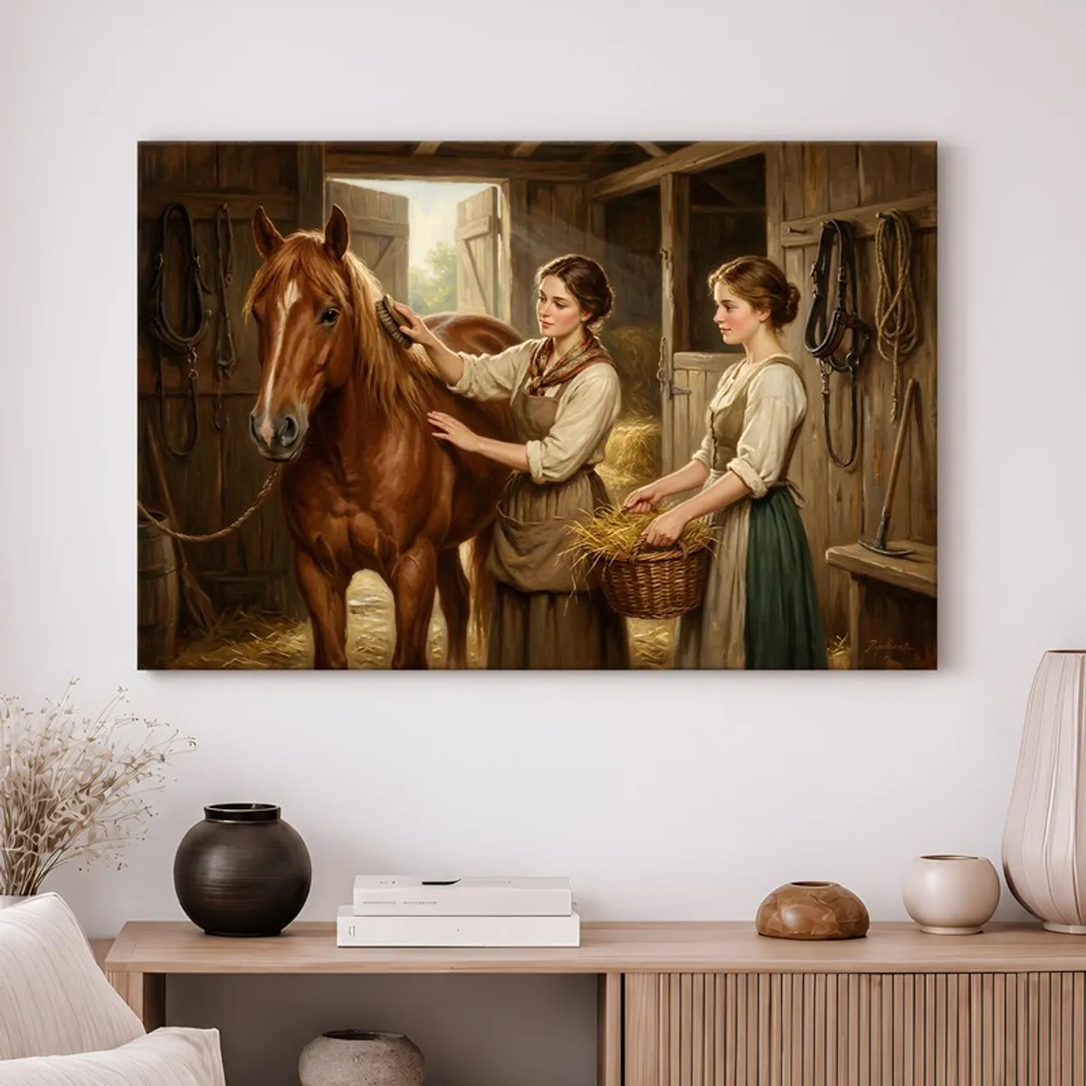 Large rectangular wall art with an equestrian scene above a console table